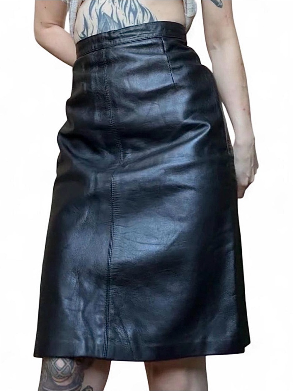 Vintage Genuine Leather Black Midi Pencil
Skirt | 90s Minimalist | Size 48